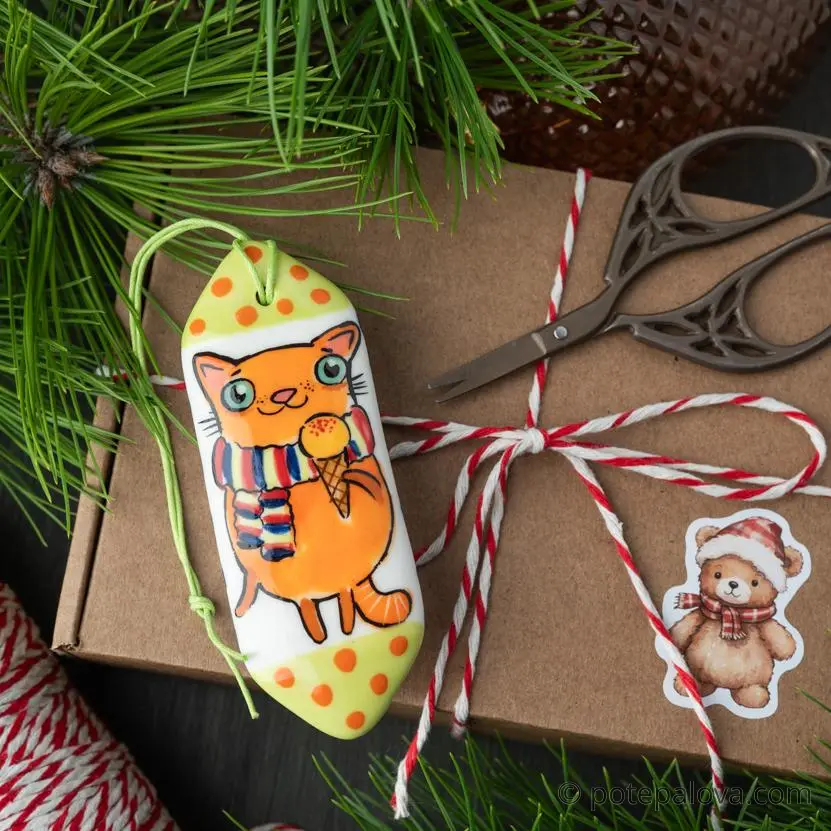картинка Елочная игрушка в форме конфеты "Рыжий котик" - DishWishes.Ru