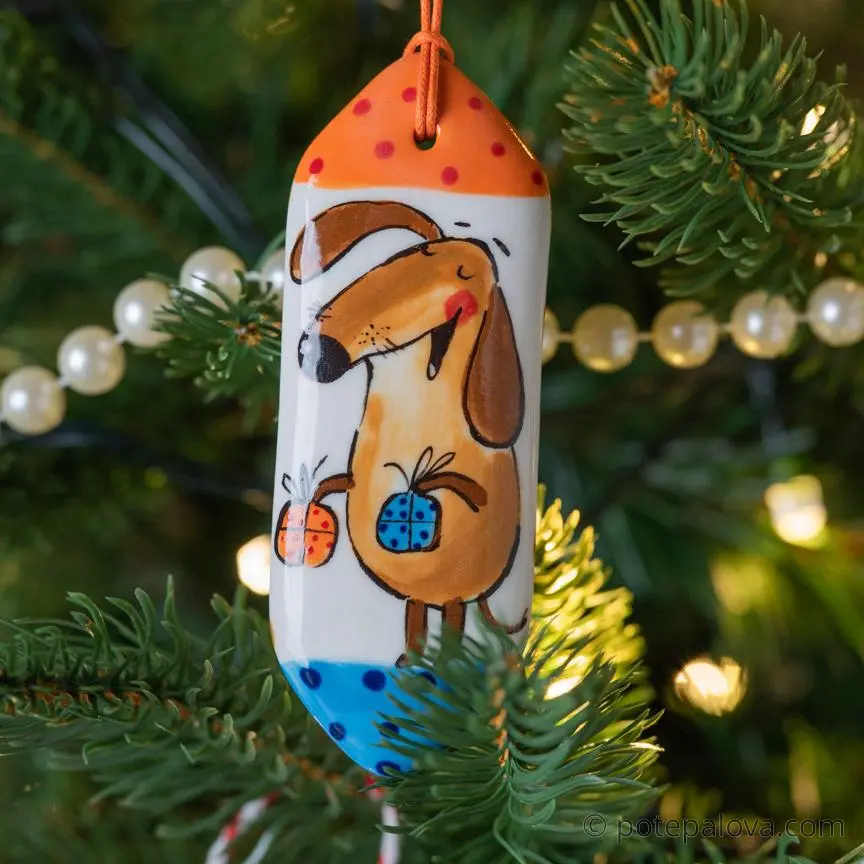 картинка Елочная игрушка в форме конфеты "Собака с подарками" - DishWishes.Ru